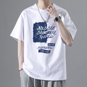 Men Summer Cotton Letter Short-sleeved Tops All-match Loose T-shirts White