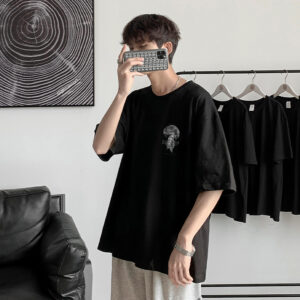 Summer Loose Astronaut Printed Cotton Black T-Shirt Men (2)